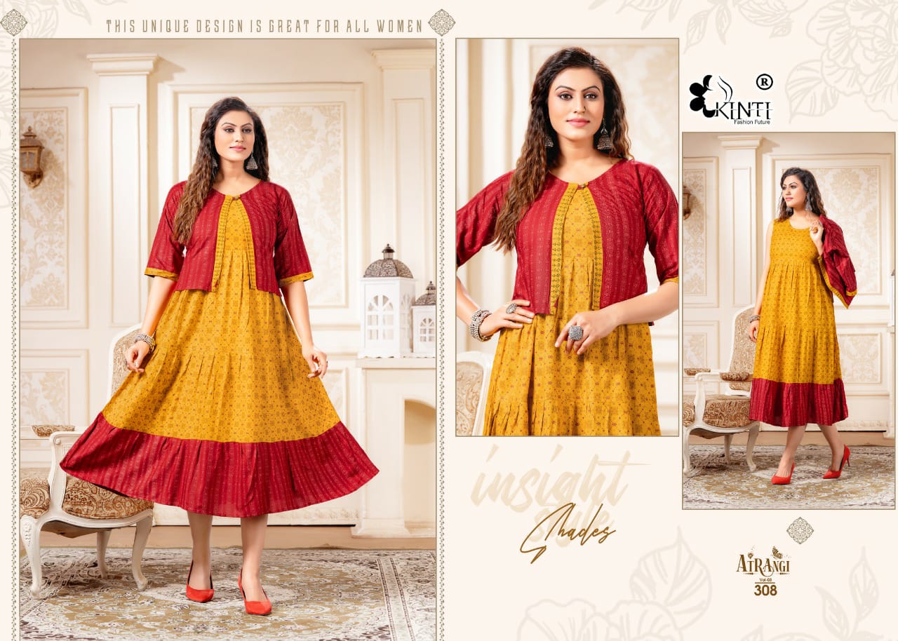 Kinti Atrangi 3 Fancy Wear Rayon Designer Anarkali Kurti With Jacket Collection